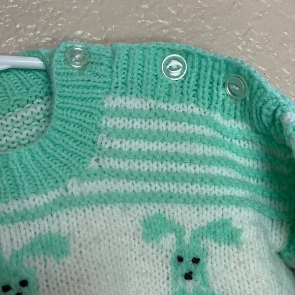 vtg Hand Knitted Baby Sweater Bunny Mint Green White Striped Easter 6-12 months? - Picture 6 of 7